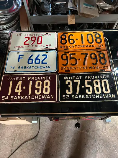Sask. License plates all in very nice condition . $75 each phone or text if interested 306-960-2052...