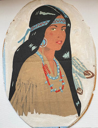 VINTAGE NATIVE AMERICAN WOMAN PAINTING IN DRESS BY GENI -$45