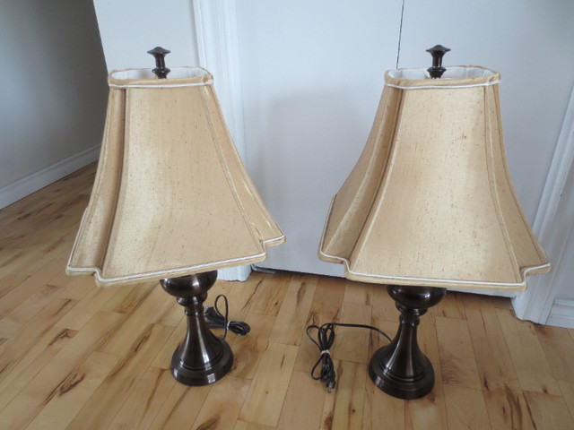 Two Metallic Table Lamps, square sell inverted corner lamp shade in Indoor Lighting & Fans in Timmins