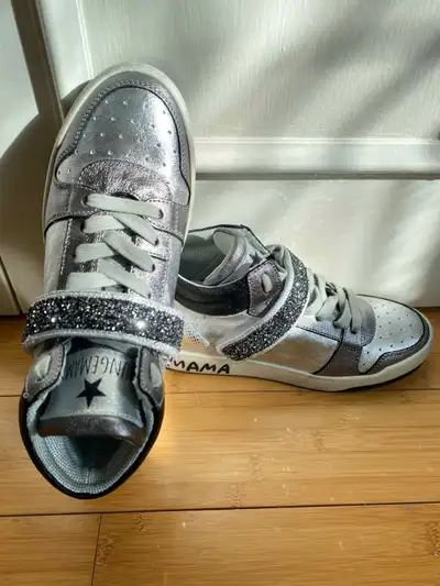 BRAND NEW IN BOX STUNNING LEATHER Silver Sneakers from France, View more