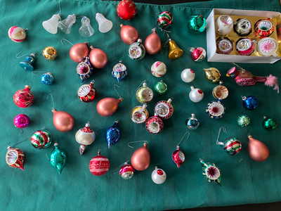 Vintage glass christmas ornaments Includes a glass cardinal. Box has over 50 ornaments. Price is for...