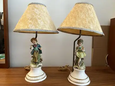 Pair Porcelain Figural Table Lamps w/Shades, View more