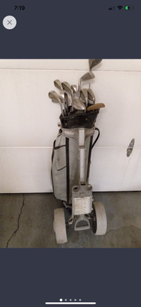 Golf Clubs, Bag and cart with balls