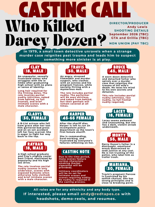 Please send us a recent photo and a bit about yourself to apply. Casting "Who Killed Darcy Dozen?" a...