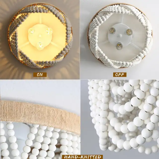 White Boho 3-Light Bead Chandelier - Wood Beaded Ceiling Fixture in Indoor Lighting & Fans in Mississauga / Peel Region - Image 8