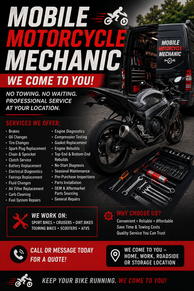 No towing. No waiting at repair shops. We provide mobile motorcycle repair and maintenance at your h...