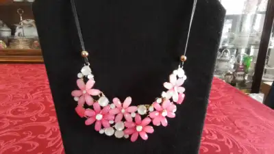 PINK & CRYSTAL FLOWERS BIB NECKLACE - BLACK ROPE & CHAIN, View more