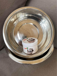 Dog items: bowls, foot wax, probiotic sea kelp, winter jacket