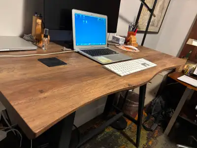 Live edge replica Wood Bar height table or desk with iron legs, View more