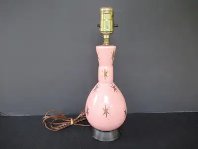 Mid Century table / dresser pink lamp with gold atomic stars and gold flecks. New shade. Protective...