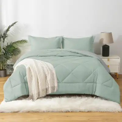 New 3 PC Reversible Comforter Set • Q $60 • Light Green & Grey, View more