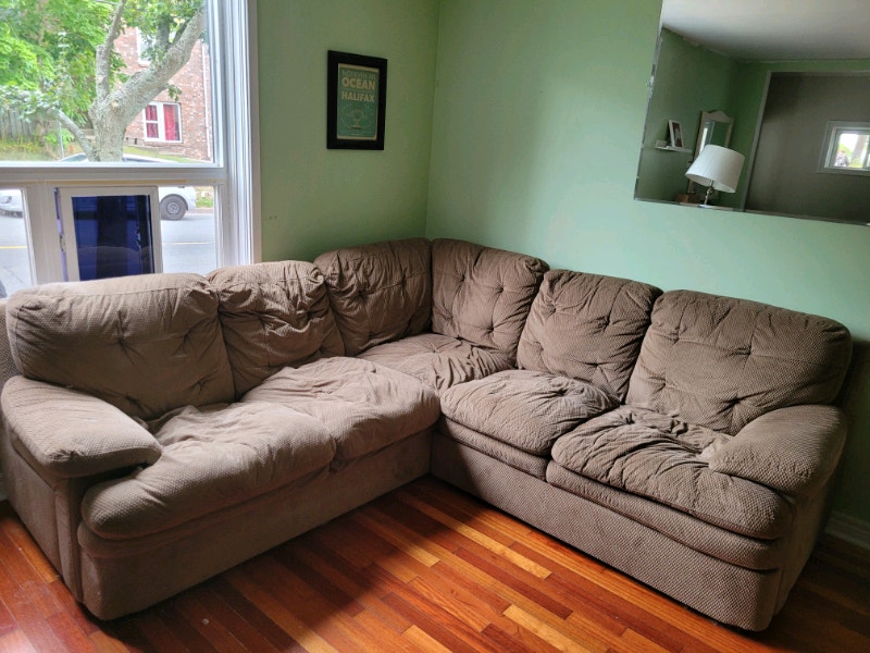 100 OBO. Light Brown Sectional Couch. . Pick up only, NE HFX Couches