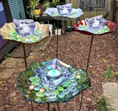 Hand Made Iridescent 8" Glass Plate Garden Flower Candle Stakes!, View more