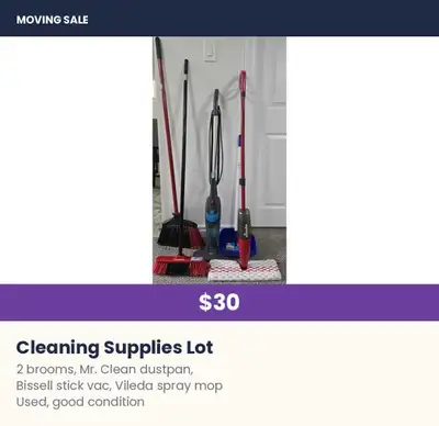 This lot includes a Bissell stick vacuum, a Vileda spray mop, two brooms, and a Mr. Clean dustpan. I...