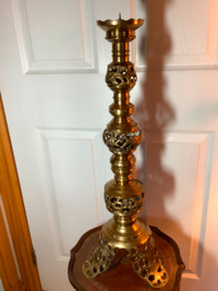 Antique/Vtg Tall Floor Pierced Brass Pillar Candle Holder