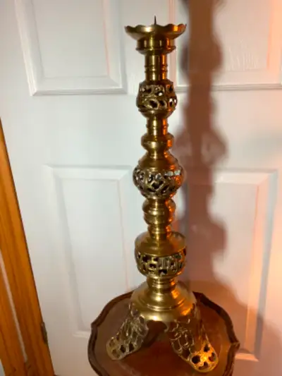 Antique/Vtg Tall Floor Pierced Brass Pillar Candle Holder, View more