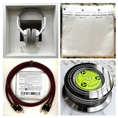 Yamaha headphones + RCA cables + Vinyl Sleeves + Weight, Bundle, View more