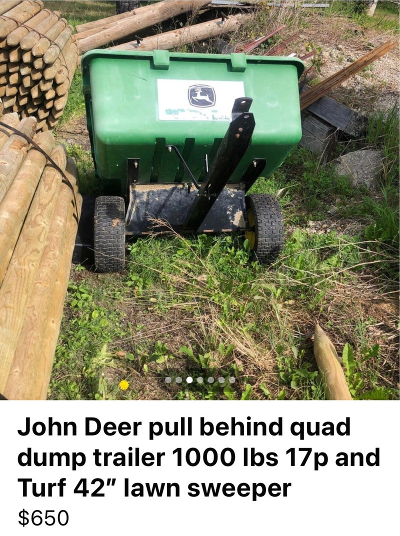 John deer utility dump trailer 1000 lbs 17 p and lawn sweeper