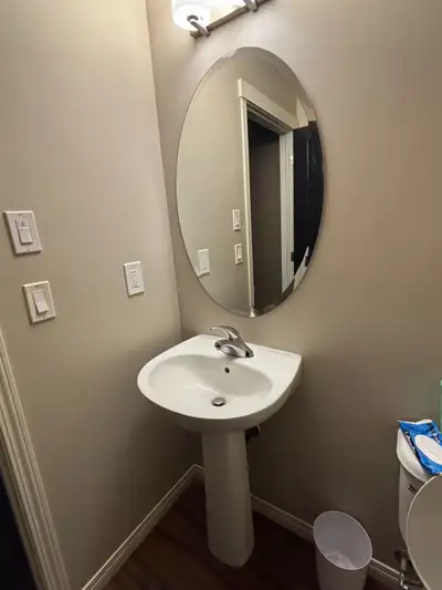 WHITE PORCELAIN PEDESTAL SINK & BEVELED MIRROR, View more