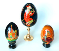 One of a Kind Artistic Hand Painted Wooden Eggs On Stands Signed
