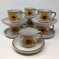 Denby Minstrel 70s Yellow Flower Cups and Saucers Set of 7