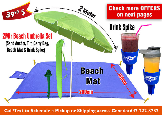 Beach Umbrellas Sand Anchor Tilt Mat Towel Hook, Bag Drink Spike in Patio & Garden Furniture in Oshawa / Durham Region - Image 2