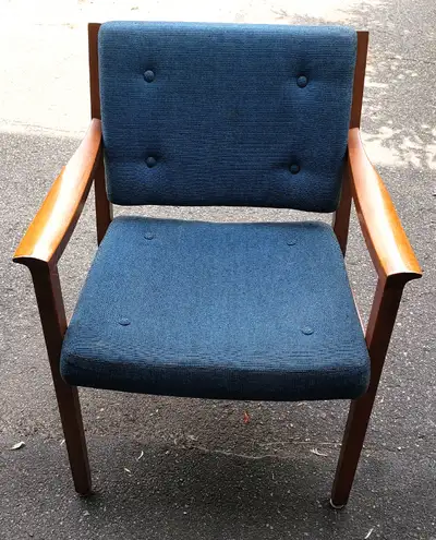 ONE (1) VINTAGE H. KRUG ARM CHAIR - LATE 1960's SOLID WOOD - BLUE UPHOLSTERY Width (arm rest to arm...