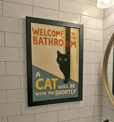Bathroom art 12 x 18 inch - Quirky Cat Wall Art - Framed Poster, View more