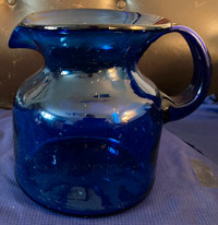 Antique Cobalt Blue Hand Blown Trapped Air Bubble Glass Jug 2L