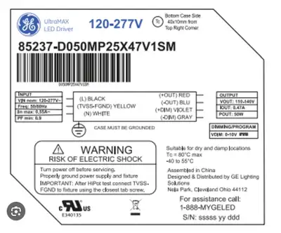 GE Lightech 85237-D050MP25X47V1SM LED Driver 50W 120-277V 470mA, View more