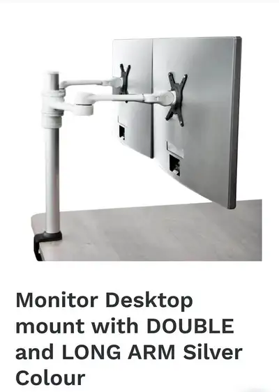 Monitor Desktop mount with DOUBLE and LONG ARM Silver Colour, View more