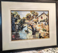 Framed Chinese Suzhou Silk Embroidery Bridge & Waterway Scene!