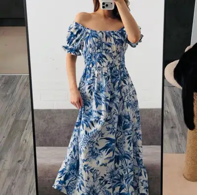 H&M Blue and White Floral Print Maxi Dress, View more