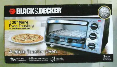 NEW Black + Decker Toaster Oven: 4 slices at once. Fits 9” pizza. Bake, broil, toast and keep warm....
