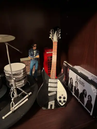 Miniature Guitars on Stand , Drum kit on Stand , Beatles on Stage No boxes