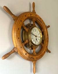 Vintage Heavy Nautical Ship Hardwood Wheel Porthole Ship's Clock