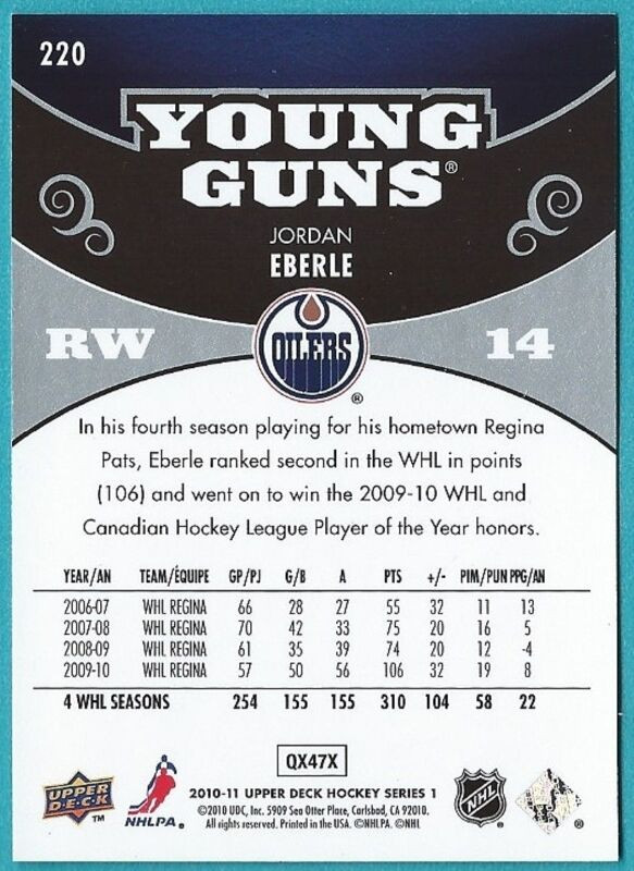 JORDAN EBERLE .... 2010-11 Upper Deck Young Guns ROOKIE (2=$45) in Arts & Collectibles in City of Halifax - Image 2