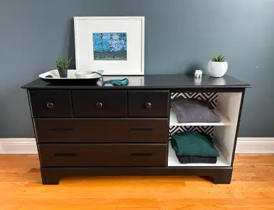 This vintage IKEA special was rescued and transformed in classic black and white paint. Versatile, t...