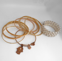 Eleven Bridal Style Bangle Bracelets, Gold Tone, Faux Pearls etc