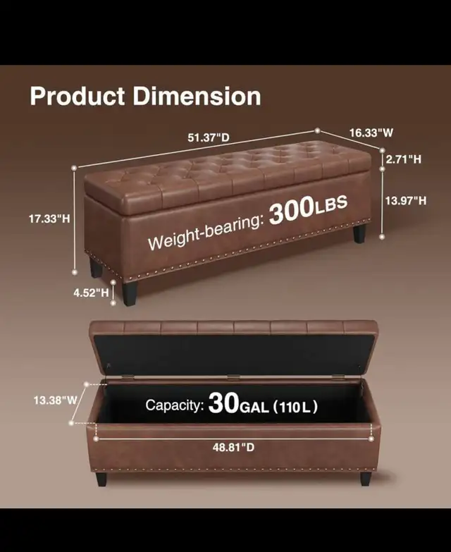 Storage Ottoman Bench,51-Inch Large Storage Bench for Bedroom En in Chairs & Recliners in Hamilton - Image 3