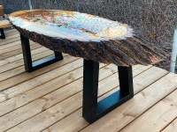 Live Edge scrollsaw art EPOXY Coffee Table/Bench