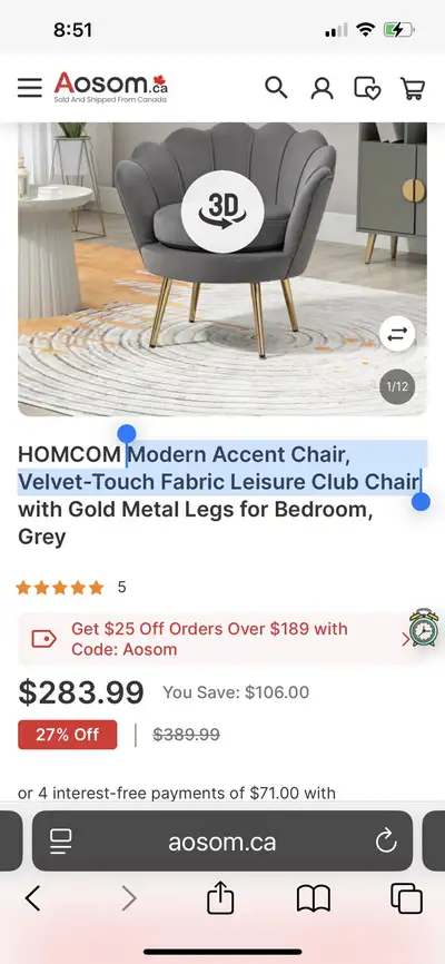 Modern Accent Chair, Velvet-Touch Fabric Leisure Club Chair, View more