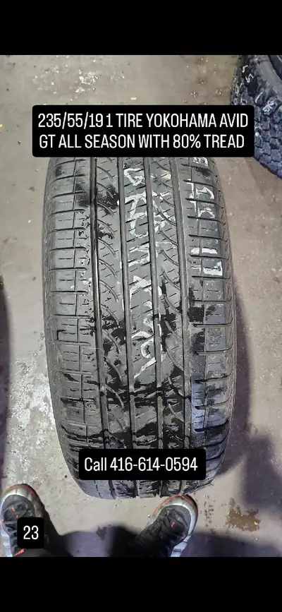 This is a used Yokohama Avid GT all-season tire, size 235/55/19, with approximately 80% tread remain...