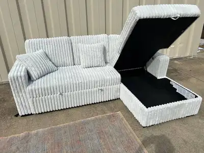 White Corduroy Sectional Sofa Bed with Storage  Buy Now , View more