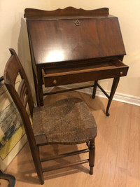 Antique  Desk  Folding Secretary Wood Desk and Chair - As New
