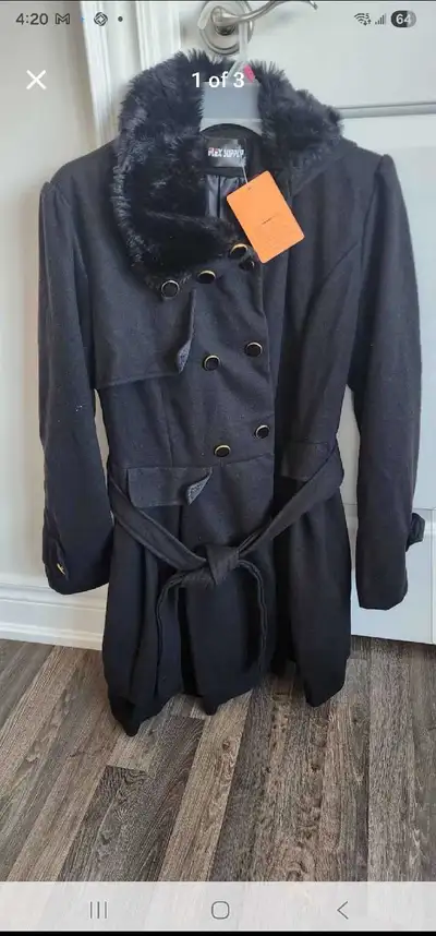 This item is a black double-breasted coat from the brand Flex Supply. The coat features a faux fur c...