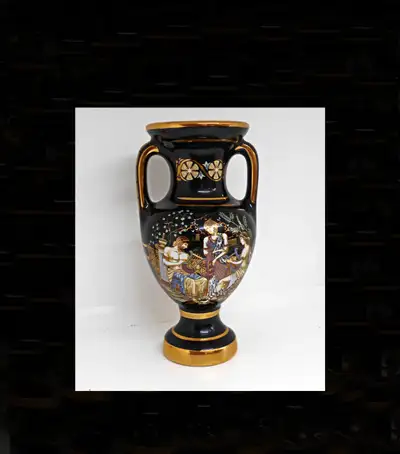 Vintage Small Black Porcelain Vase with Handles marked Fakiolas and Made in Greece 24 K Gold Beautif...