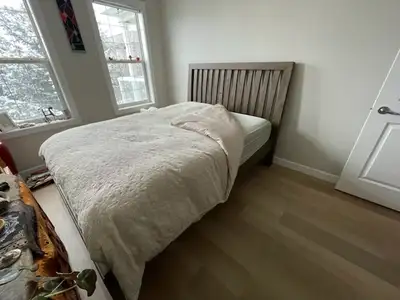 Hello, I have a brand new solid wood queen bed frame, mattress, mattress protector, and duvet for sa...