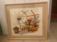  Sunroom Plant and Floral CREWEL embroidery Framed WALL Hanging