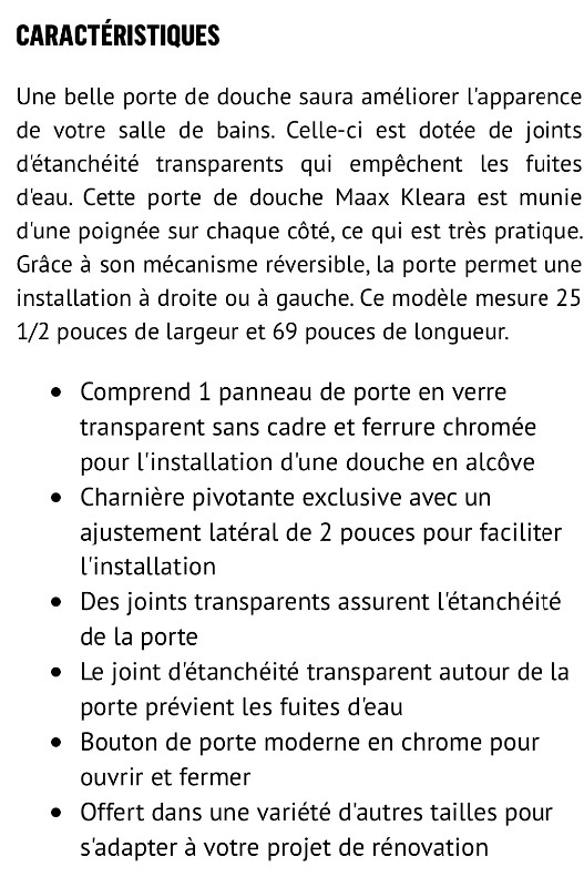 Porte de douche dans Plomberie, éviers, toilettes et bains  à Lanaudière - Image 3